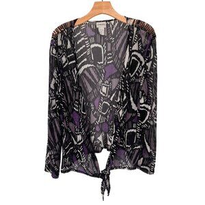 Chicos 2 Black Purple Tie-Front mesh Cardigan jacket Size large Geometric